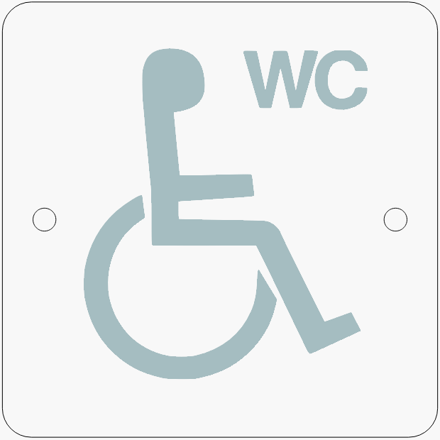 Panneau signalétique WC pour personnes handicapées en plexiglas, 150x150mm, pictogramme homme et texte 'WC', fixation par entretoises en inox